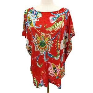 Lauren Ralph Lauren Red Paisley Floral Tunic Top Short Sleeve Women's 2X